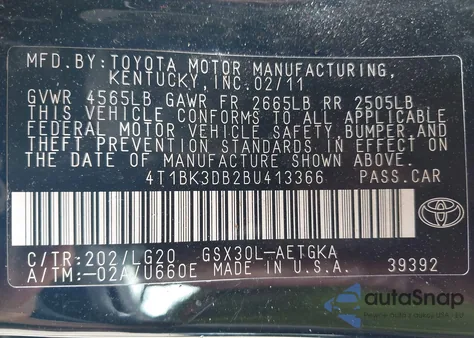 2011 Toyota Avalon from USA, damaged, VIN 4T1BK3DB2BU413366